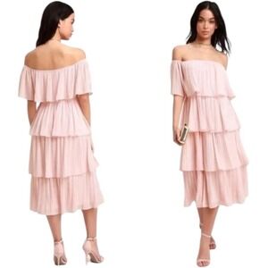 Lulu's Women's Medium Gala Ready Off the Shoulder Midi Dress‎ Light Blush Pink